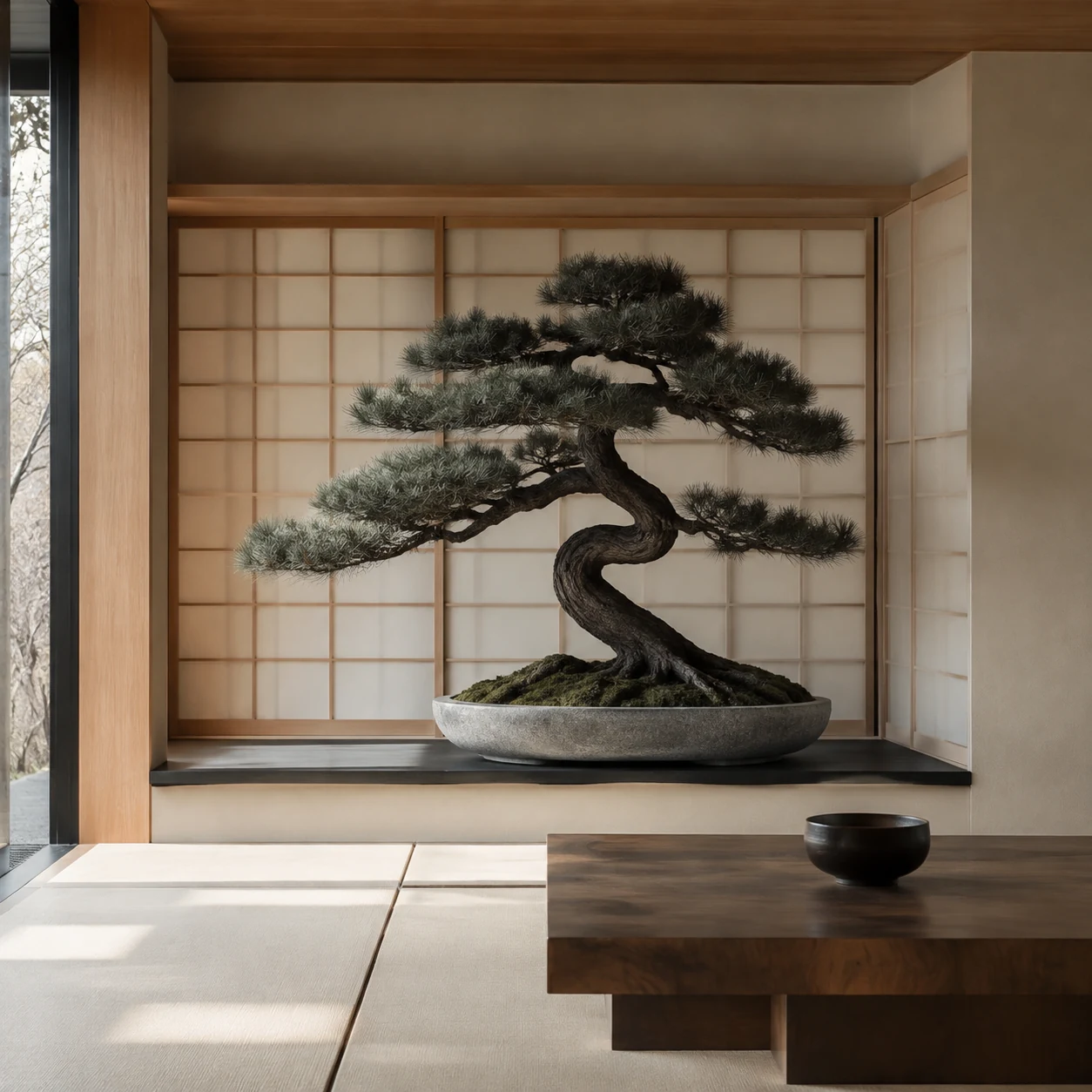 A sculptural pine bonsai framed by shoji screens, with a low walnut table and ceramic bowl